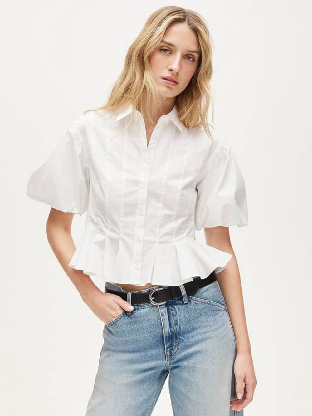 NWT J.Crew Puff-Sleeve Button-Up Peplum Shirt Blouse White Size 8